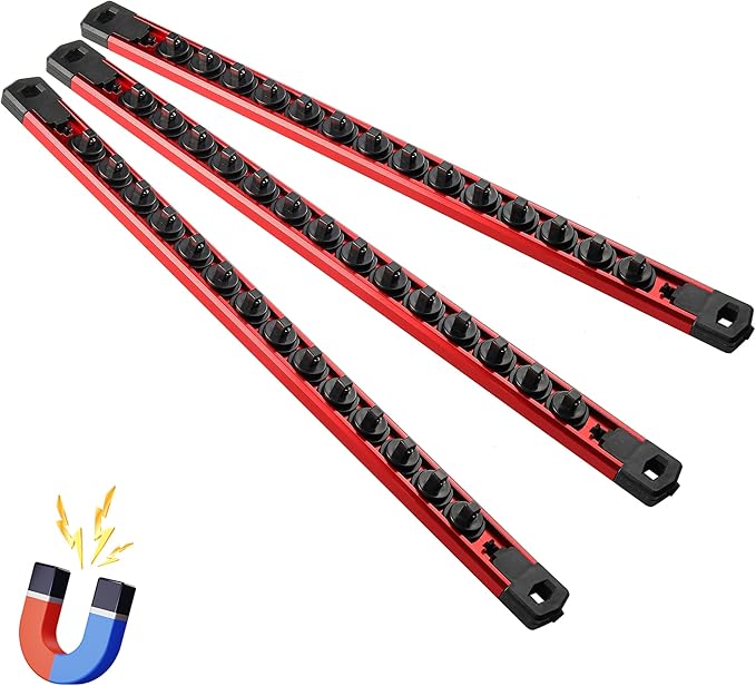 Magnetic Socket Organizer, 3-Piece Heavty Duty Aluminum Socket Holder, Socket Rail for Tool Box, Premium Quality 360° Swivel Socket Rack with 42 Clips for 1/4-Inch(Red)