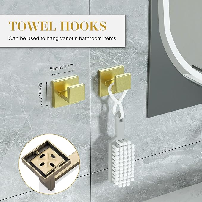 Bathroom Accessory Towel Bar Set: 5 Pieces Gold Bathroom Hardware Square SUS304 Stainless Steel - Wall Mounted Towel Rack&Toilet Paper Holder&Towel Ring and Towel Hook