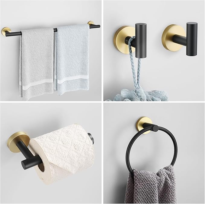 Black and Gold Towel Bar Set 6 Pieces Bathroom Hardware Accessories Set Include 19.68/23.6 in Towel Bar Towel Ring Towel Hook and Toilet Paper Holder Stainless Steel Wall Mounted