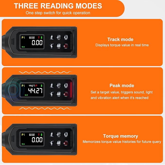 Digital Torque Wrench 3/8 Drive, 0.66-44.29Ft.lbs/0.9-60Nm Range, Electric Torque Wrench with Dual Direction Ratchet, ±1% Accuracy with Vibration, Buzzer and LED Alert