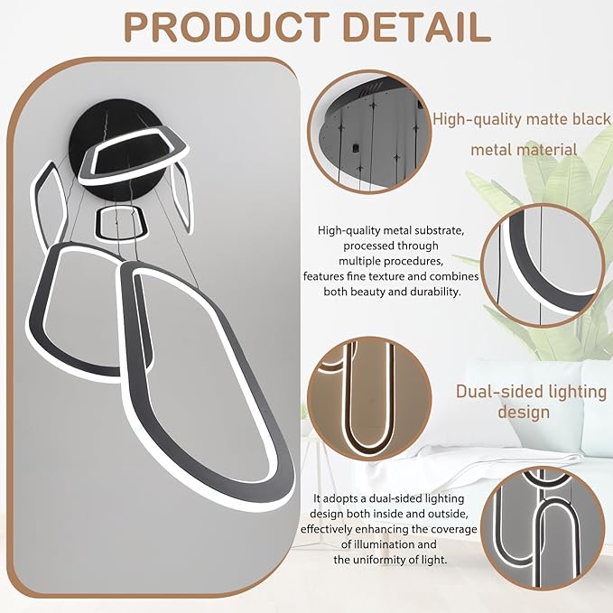 Flashing God H138 Modern Chandelier 6-Rings Large Chandelier for High Ceiling Led Dimmable Ring Pendant Lighting Black Contemporary Chandeliers for Villa Foyer Entrance Living Room