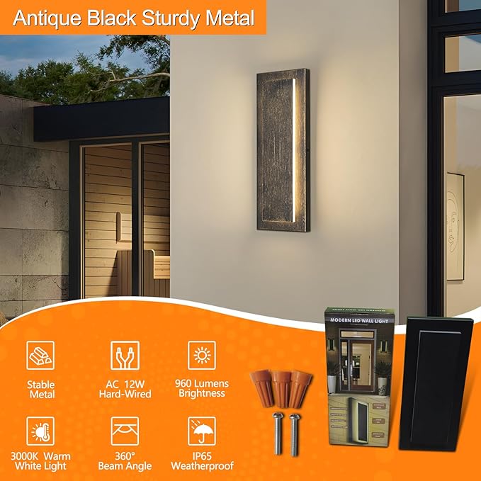 tewei LED Outdoor Wall Lights, 15.7'' Modern Outdoor Indoor Wall Sconce Large Exterior Lighting Fixtures Outside Front Door Lights for House, Hallway, Warm White 3000K, Antique Black, 2 Pack