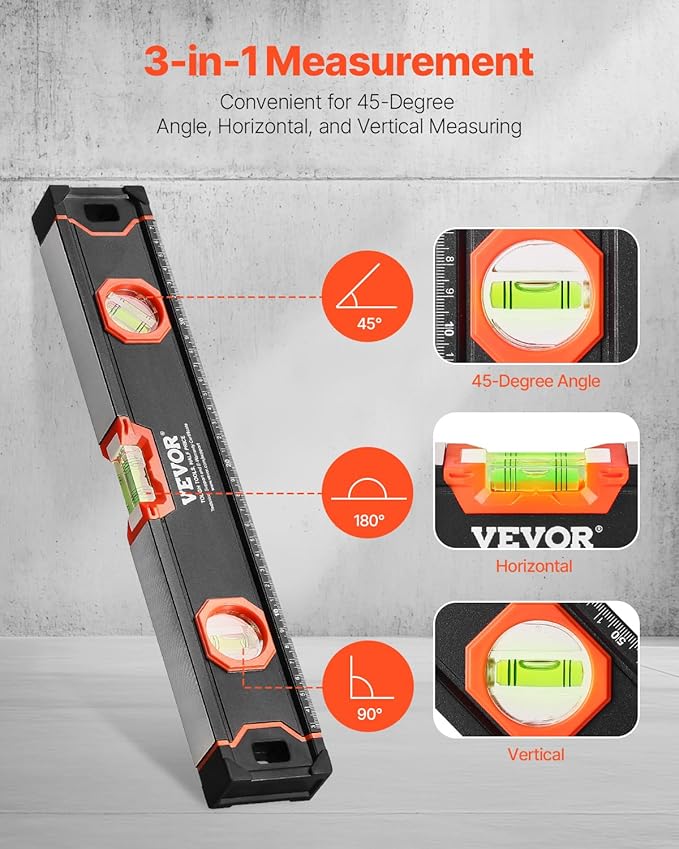 VEVOR 6-Piece Torpedo Level, 78/48/32/24/16/10 Inch Box Levels Set, Bubble Vials Ruler for 45/90/180 Degree, Shock-Proof Aluminum Alloy Magnetic Leveler Tool, SAE/Metric Scale(Only 10-inch has magnet)