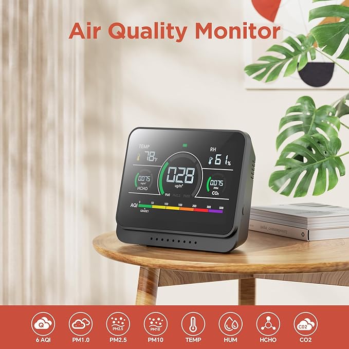 13-in-1 Air Quality Monitor Indoor with Beep Alarm, 6AQI Air Quality Detector with PM1.0 | PM2.5 | PM10 | Temp | CO2 | Formaldehyde | HUM Tester for Home Office Plant (Pearl White)
