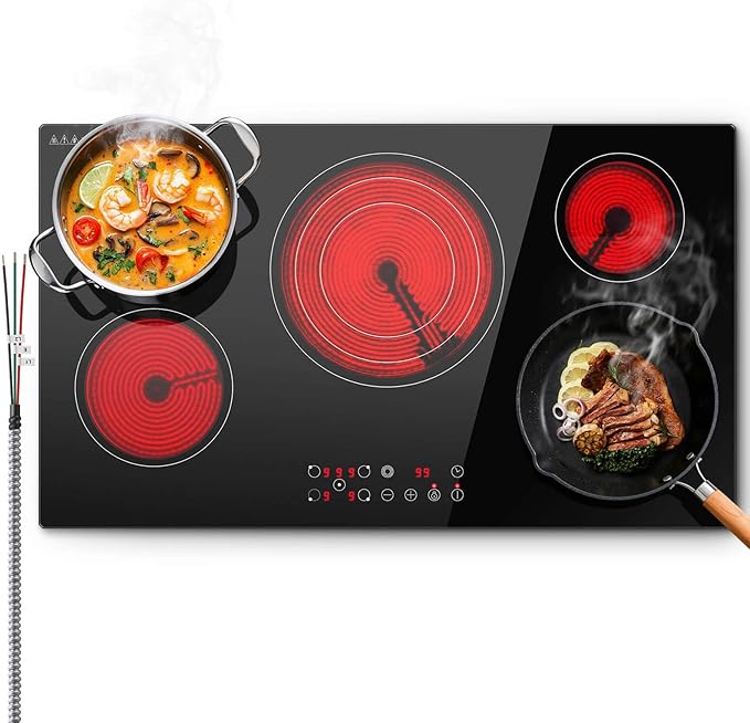 SNDOAS 36 inch Electric Cooktop,5 Burners 9000W Built-in Glass Ceramic Electric Stove Top w/Touch Control,9 Power Levels,Child Lock,Triple-Ring Zone,240V Hardwired for Kitchen Countertop 36"