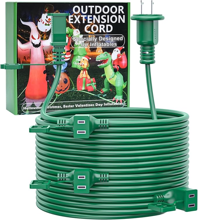40FT Outdoor Extension Extension Cord for Halloween Christmas Inflatables with Multiple Outlets Green Electrical Cord with Multiple Plugs Outdoor Christmas Blow Up Decorations Light Extension Cords
