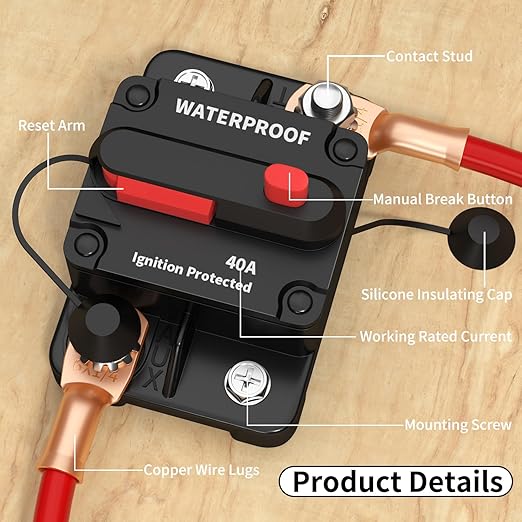 DaierTek 40 Amp Circuit Breaker 12V - 48V, 12 Volt DC Circuit Breaker 40A Waterproof with Manual Reset Inline for Marine Boat Automotive Car Truck RV ATV UTV Audio -2Pack