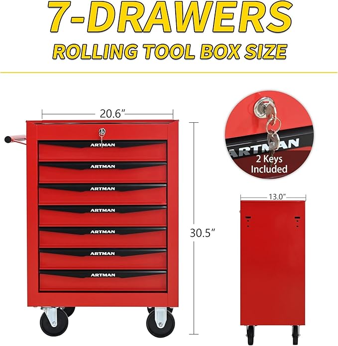7-Drawer Steel Rolling Tool Cart with Wheels & Handle, Heavy-Duty Tool Chest Storage Cabinet for Garage and Workshop