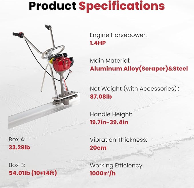 1.4HP Concrete Power Screed with 10ft & 14ft Aluminum Boards, Vibrating Screed Concrete Tool 8000RPM with Adjustable armrests and brackets for Construction
