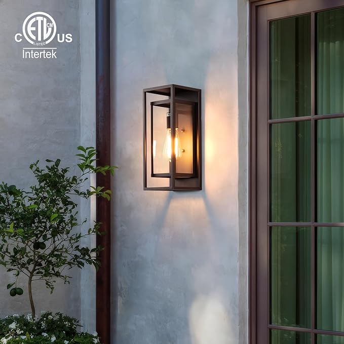 mirrea 14" Classic Outdoor Wall Sconce 1 Light in Rectangular Metal Frame and Clear Glass Shade Waterproof Porch Light Patio Light Pack of 2 (Oil Rubbed Bronze)