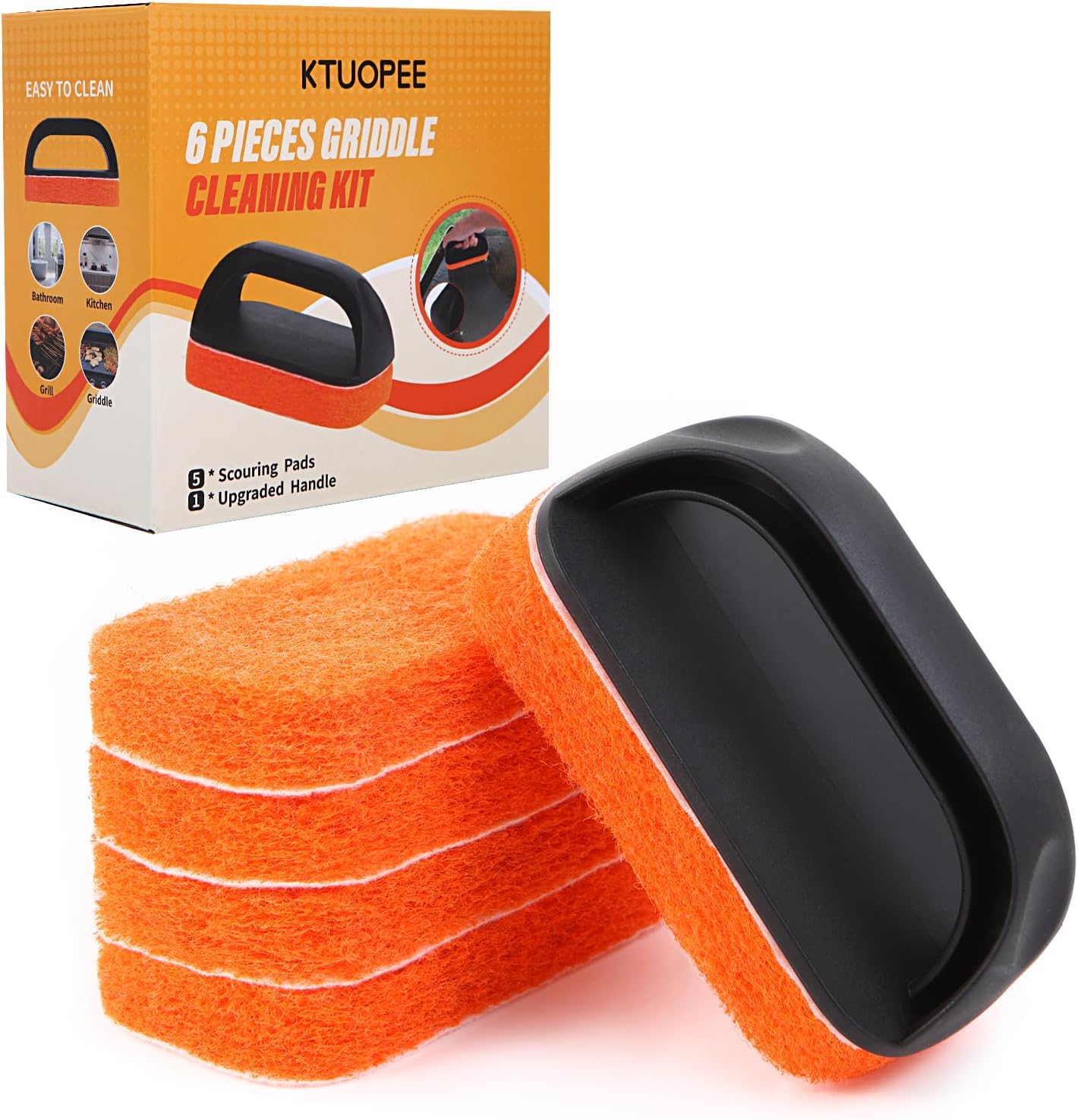 Upgraded 6-Piece Griddle Cleaning Kit for Blackstone, Flat Top Grill Cleaner Non-Scratch Scouring Pads for Kitchen - Heavy-Duty 5 Griddle Scrubber Pads with 1 Handle