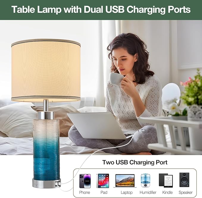 Modern Glass Table Lamps, 3-Way Dimmable Touch Control Bedroom Lamps for Nightstands，Bedside Lamps Set of 2 with USB A+C Ports,Living Room，Home，Office with Linen Shade (Bulbs Included)