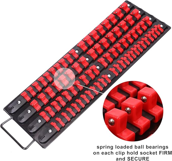 CASOMAN 80-Piece Portable Socket Organizer Tray, 1/4-Inch, 3/8-Inch, 1/2-Inch,Heavy Duty Socket Rail, Black Rails with Red Clips
