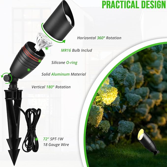 wowlite Landscape Spotlights Outdoor, 12V Low Voltage Landscape Lighting Fixture with 5W MR16 LED Bulb, Black Aluminum Yard Directional Uplights Waterproof for House Trees Patio