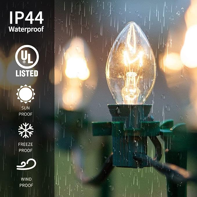 25 Pack C7 Clear Replacement Bulbs, 120V 5W Incandescent, C7 Christmas Lights, E12 Candelabra Base, Halloween Bulbs Warm White for Patio Outdoor String Lights Decor, Night Light