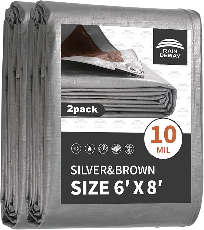 RAINDEWAY Tarps Heavy Duty Waterproof 6x8 Feet(2 Pack),10Mil Thick Multipurpose Poly Small Tarp Cover with Metal Grommets and Reinforced Edges,Silver/Brown Tarp