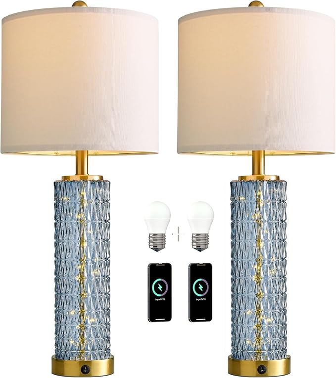 Oneach 27.75” Table Lamps Set of 2, Blue Modern Bedside Lamp with LED Night Light, USB A+C, Glass Lamps for Living Room, Bedroom, Nightstand, Office, End Table (2 Bulbs Included)