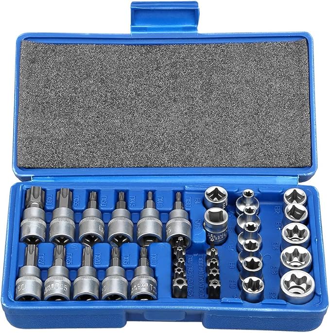Drive Male Female Torx Star Bit Socket E-Socket Set Handheld Tool - 34 Pcs, Star Socket Set For Hand Use Work On Cars, Trucks, Machinery, and Other Jobs With Storage Case, Blue