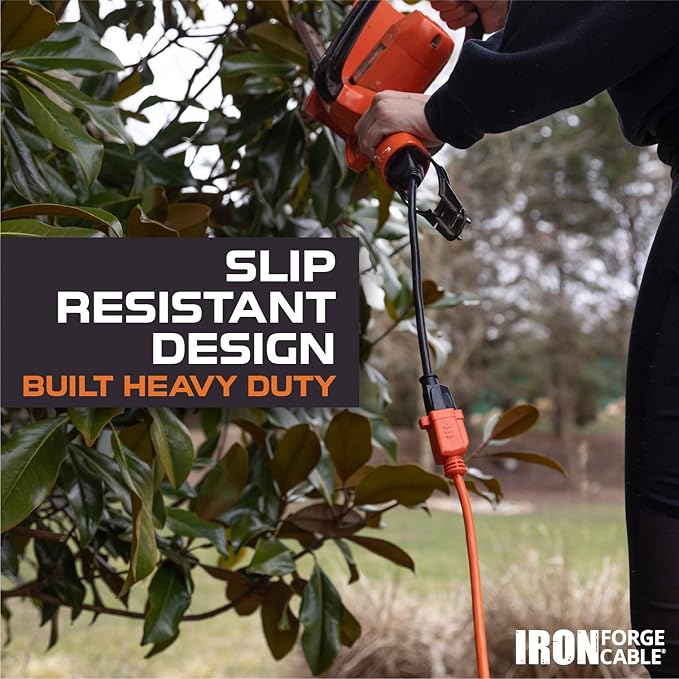 Iron Forge Cable Weatherproof 10 Ft Outdoor Extension Cord - 16/3 SJTW 13 Amp Heavy Duty Highly Visible Orange Extension Cord 3 Prong - Lighted End