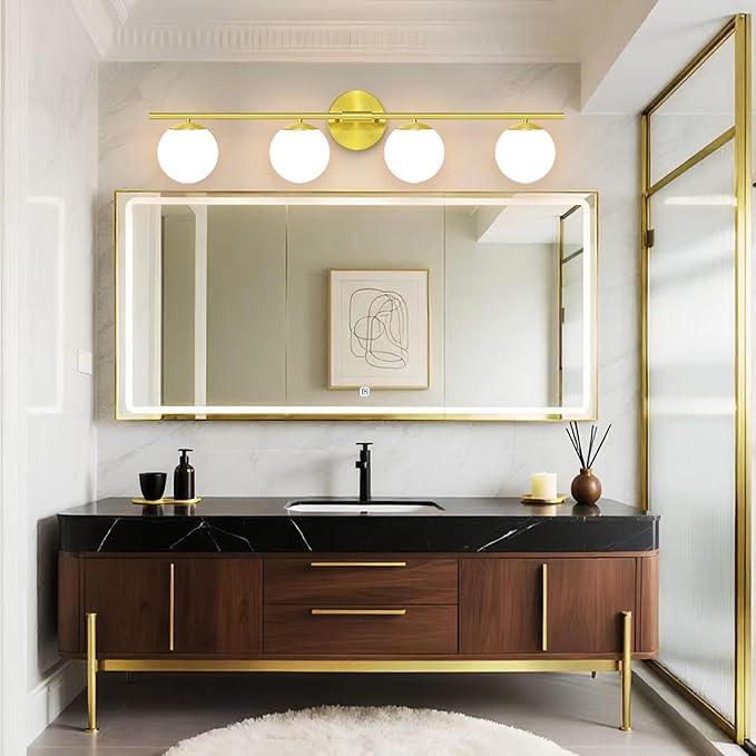 New Bathroom Vanity Light Fixtures Brushed Bronze Milk White Globe Glass Shade Modern Wall Bar Sconce Over Mirror (Brushed Brass, 4T)