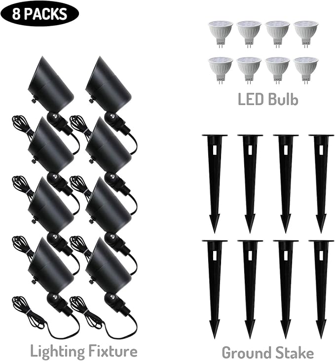 Doluck 4W LED Landscape Lights Low Voltage Landscape Lighting Spotlights GL101-BKLED8 AC/DC 12V Warm White Waterproof for Driveway,Yard, Lawn,Patio,Walls,Trees,Flags,Outdoor Light (Black, 8 Pack)