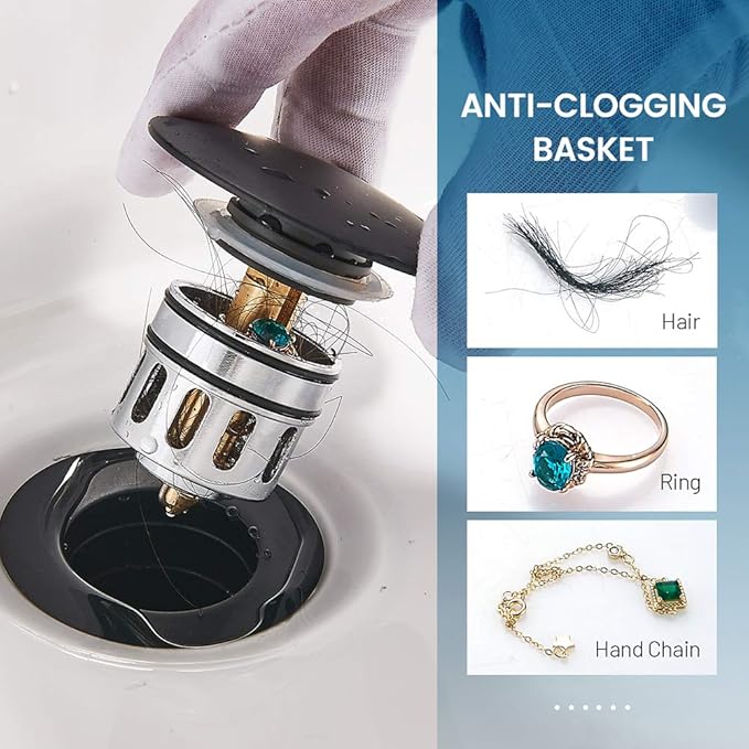 Pop Up Drain, Bathroom Faucet Vessel Vanity Sink Drain Stopper, Built-in Anti-Clogging Strainer, Without Overflow Matt Black,Fits Standard American Drain Hole(1-1/2" to 1-3/4") RWF082G