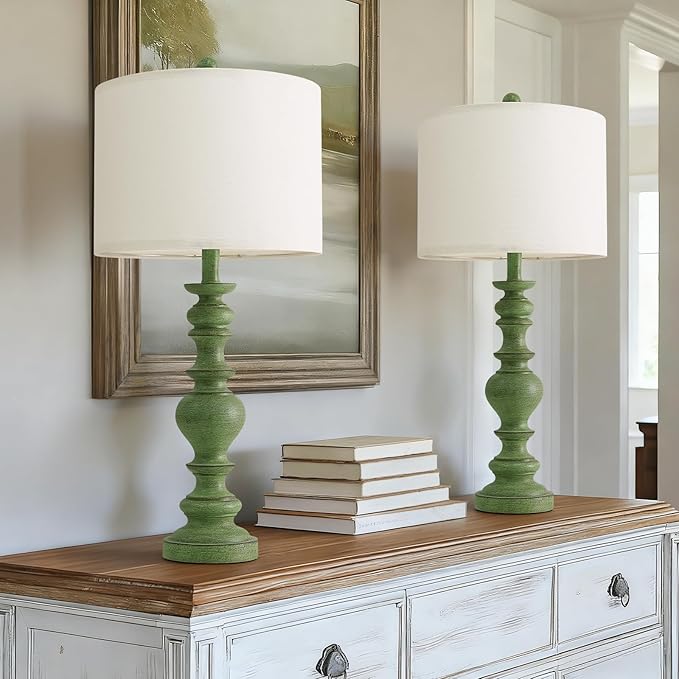 BOBOMOMO 27" Sage Green Table Lamps Set of 2, Large Farmhouse Resin Lamps with Linen Shades, Green Vintage Lamps for Living Room, Bedroom, or Entryway, Rustic Elegant Home Décor