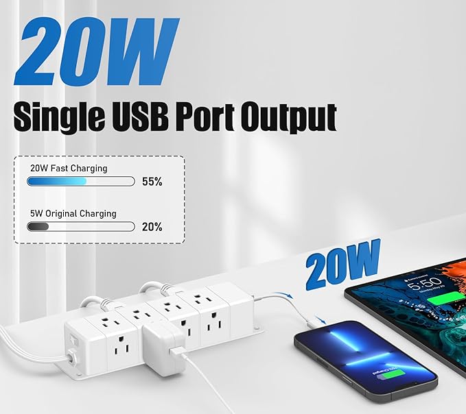 ANNQUAN 40W Fast Charging Under Desk Power Strip,12 Outlet Mountable Power Strip with 4 USB,1200J Surge Protection,6FT Flat Extension Cord