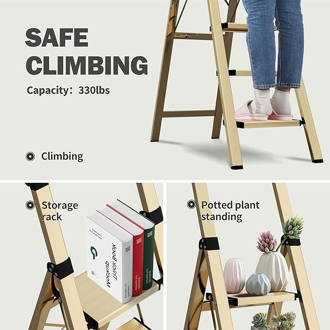 5 Step Step Ladder,Lightweight Folding Step Stool with Anti-Slip Aluminum Wide Pedal&Convenient Handgrip,Steel Ladder for Household and Office(Gold)