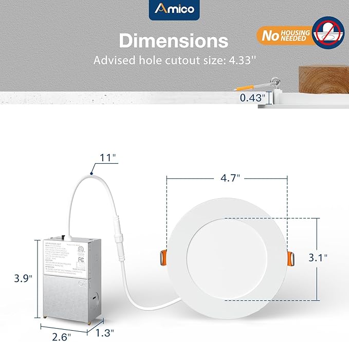 Amico 6 Pack 4 Inch 5CCT Ultra-Thin LED Recessed Dimmable Ceiling Light with Junction Box, 2700K/3000K/3500K/4000K/5000K Selectable, 10W Eqv 60W, 800 Lumens, High Brightness Downlight - ETL&FCC