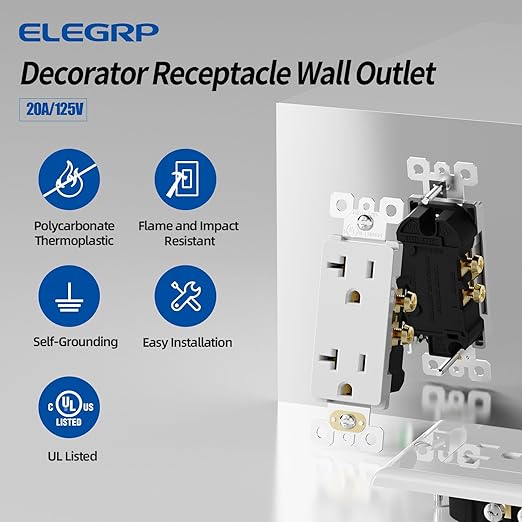ELEGRP Glossy White Decorator Electrical Wall Outlet Receptacle, 20A 125V Standard Outlets, 2 Pole 3 Wire, Non-Tamper Resistant, NEMA 5-20R, Self-Grounding Wall Outlet, UL Listed, 20 Pack