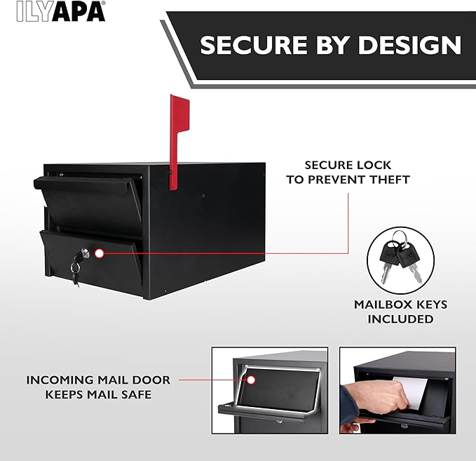 Ilyapa Locking Mailbox for Outside with Lock & Key - Modern Mailboxes for Outside Post Mount, Black Powder Coated Steel Heavy Duty Curbside Mail Box