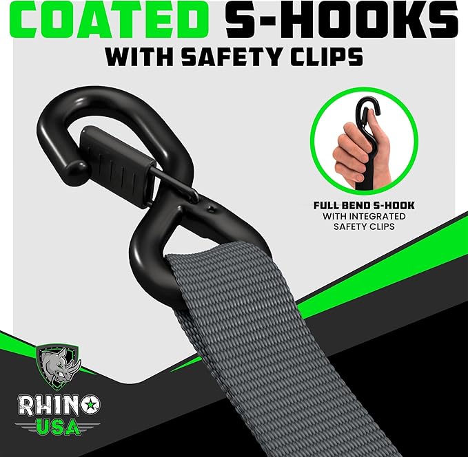 Rhino USA Ratchet Straps Heavy Duty Kit (4-Pack) - 1.6 Inch x 8 Feet (5,208lb Break Strength) - Ultimate Tie Down Straps with Safety S Hooks for Trucks, ATV, UTV, Motorcycle, Cargo & More - Gray