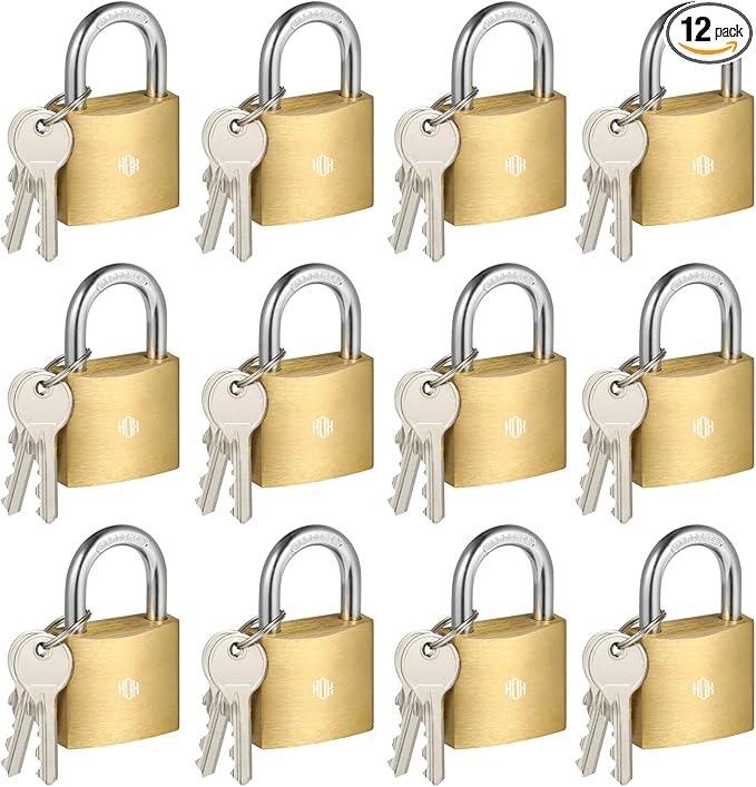 HOX 12-Pack Keyed Padlock, Waterproof and Rustproof, Solid Brass Lock with 1-1/4" Wide Body, Padlock with Keys for Storage Unit, Sheds, Garages and Fence