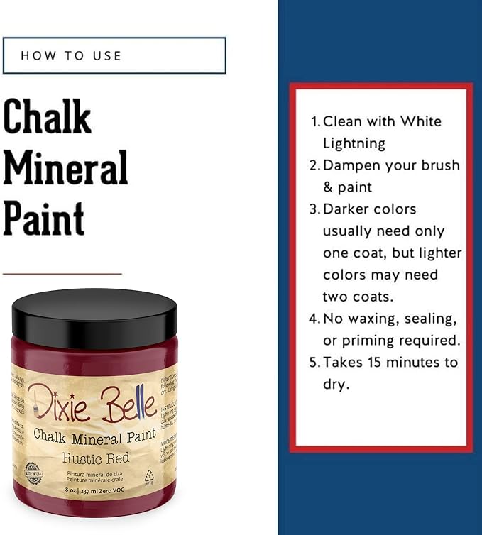 Dixie Belle Paint Company Chalk Finish Furniture Paint - Rustic Red (8oz) - Matte Brick Red Chic Chalk Mineral DIY Furniture Paint