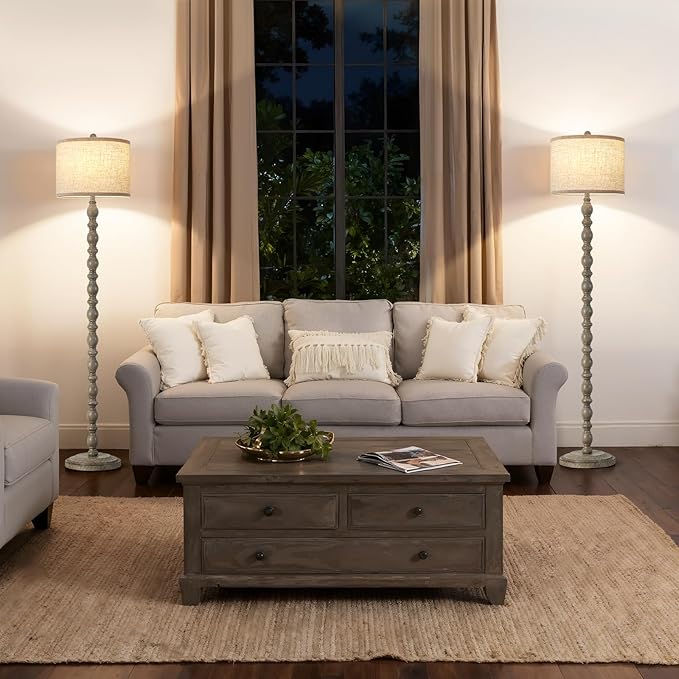 62" Floor Lamps for Living Room,3 Color Temperature Retro Standing Lamp, Vintage Farmhouse Floor Lamp with Rotary Switch, Rustic Resin Tall Lamps for Living Room, Bedroom, Office, Corner(Light Gray)