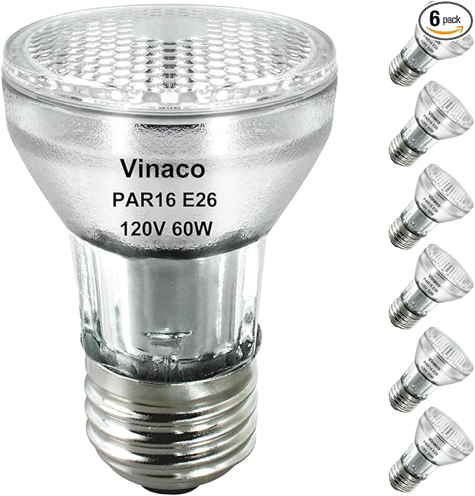 Vinaco PAR16 Halogen Bulb 60 Watt, 6 Pack High Output 480LM Flood, Warm White 2800K, Dimmable with E26 Base, Long Neck for Ceiling Light