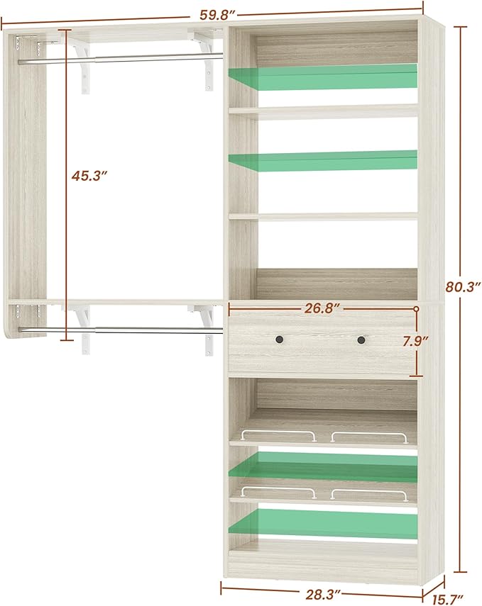 Closet System with Drawer - Reversible 5FT Wood Closet Organizer System with 2 Hanging Rods and Adjustable Shelf, Walk In Closet Organizers with Shoe Rack, Built-In Garment Rack, White Oak