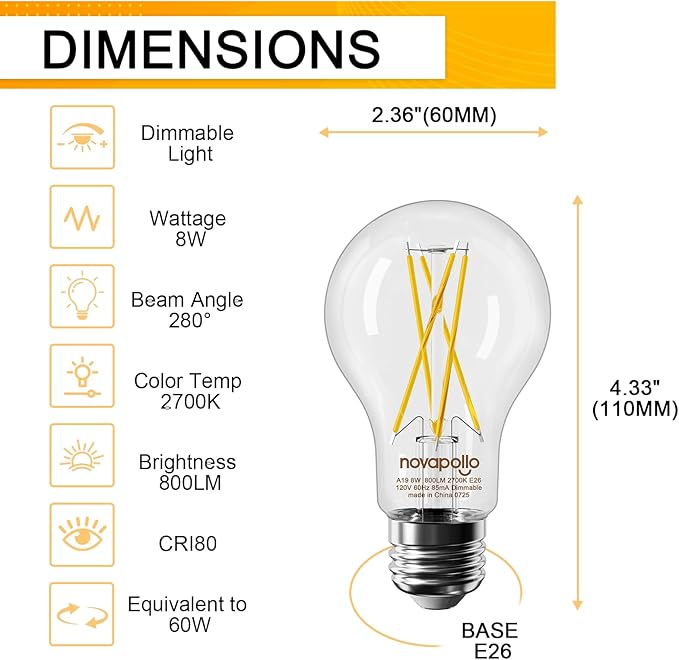 A19 Vintage LED Edison Bulbs, Dimmable, 60W Equivalent, High Brightness 2700K Warm White, 8W E26 Standard Base, 800 Lumens, C80+ CRI Decorative Filament LED Bulb,Clear Glass,12 Pack