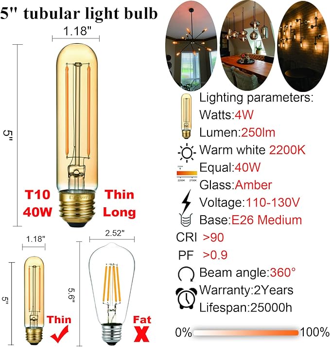 LiteHistory Dimmable T10 LED Bulb 4W Equal E26 Edison Bulb 40 Watt AC120V Tubular Light Bulb Warm White 2200K Amber 250lm E26 LED Bulb for Rustic Pendant,Chandeliers,Wall sconces E26 Light Bulbs 6Pack