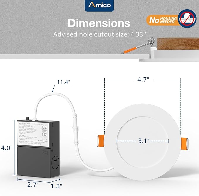 Amico 36 Pack 4 Inch 5CCT Ultra-Thin LED Recessed Ceiling Light with Plastic Junction Box, 2700K/3000K/3500K/4000K/5000K Selectable,800LM, Dimmable Canless Wafer Downlight, 10W, ETL&FCC