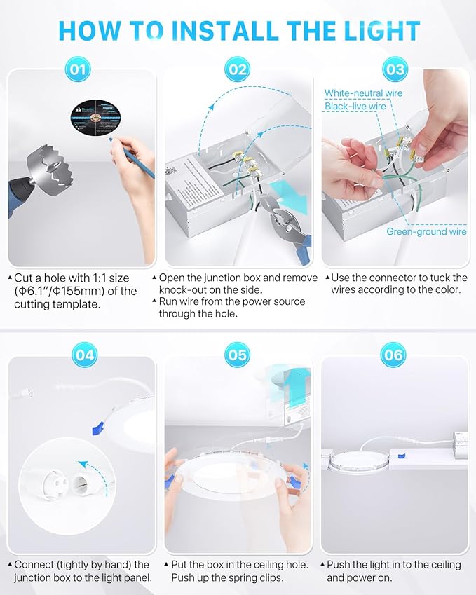 Ensenior 6 Pack 6 Inch LED Recessed Light, Dimmable, 2700K-5000K 5CCT, 1050LM High Brightness, 12W 120V, Damp Rated, Ultra-Thin Canless Wafer Ceiling Light - ETL & FCC & IC