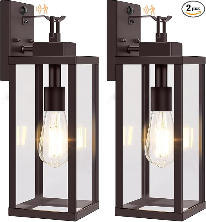 BesLowe 16” Upgraded Motion Sensor Outdoor Wall Lights, Dusk to Dawn Porch Lights Outdoor Wall Sconces, 3 Lighting Modes Exterior Lighting Fixtures with Hooks, Brown Outside Lights for House, 2-Pack