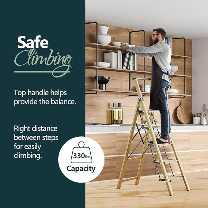 WOA WOA 5 Step Ladder for 10 Feet High Ceiling, Lightweight Foldable Ladder with Non-Slip Wide Pedals, Step Stool with Safe Handrail, Space Saving for Home, Kitchen, Indoor & Outdoor 300lbs - Gold