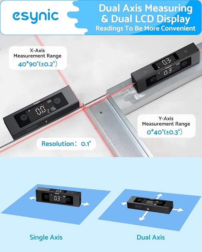 eSynic Portable Digital Angle Finder with Laser IP54 Waterpoof Digital Inclinometer 2 Backlight LCD Display Aluminium Alloy Rechargeable Laser Level Tool With Cross Leveling Line(Laser Level Class II)
