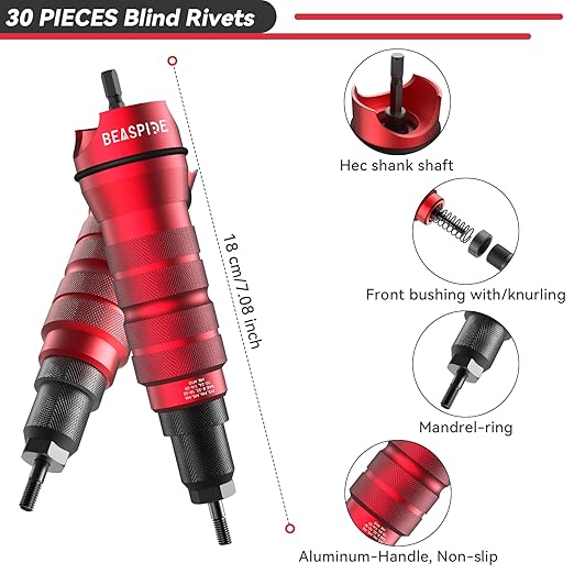 Beaspire Cordless Drill Electric Rivet Nut Drill Adapter Kit, Rivet Nut Tool Kit Including 10 Mandrel and 50Pcs Assorted Rivet Nuts, Rugged Carrying Case