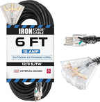 Iron Forge Cable 12 Gauge Extension Cord with Multiple Outlets - Black Heavy Duty Extension Cord 6 ft - 12/3 SJTOW, 3 Prong Lighted Outlet Cords