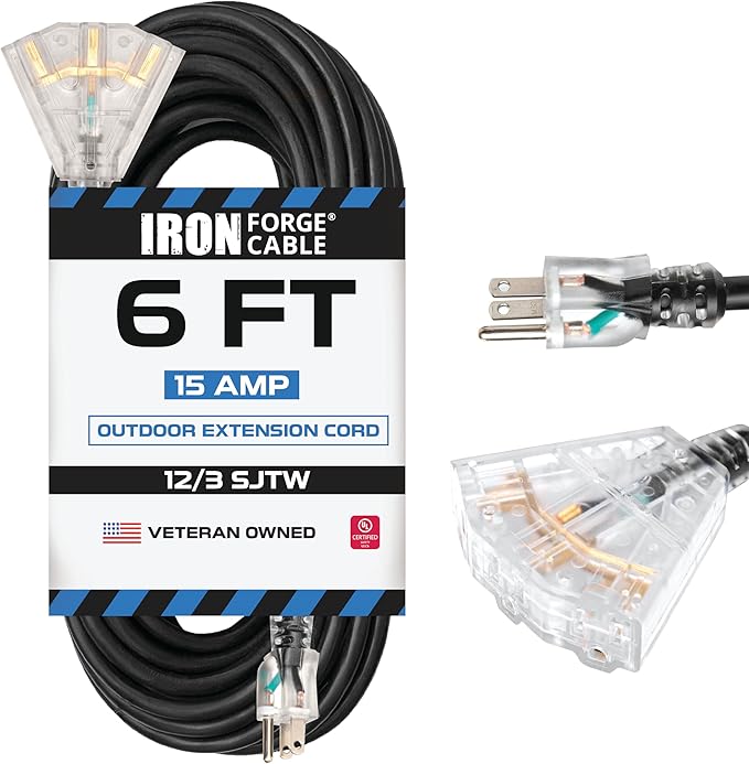 Iron Forge Cable 12 Gauge Extension Cord with Multiple Outlets - Black Heavy Duty Extension Cord 6 ft - 12/3 SJTOW, 3 Prong Lighted Outlet Cords