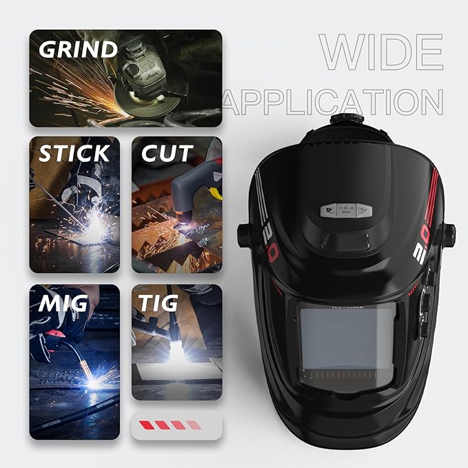 YESWELDER Auto Darkening Welding Helmet with Rechargeable Fan and Light, 3.93"X3.66"Large View 1/1/1/1 True Color 4 Arc Sensor Solar Powered Welding Hood, 3/5-9/9-13 Wide Shade Weld Mask LYG-30800H