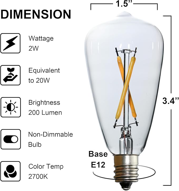 6pcs ST38 Edison Small Bulb 2W Equivalent to 10W-15W-20W E12 Warm Base Clear Glass LED Bulbs for Chandeliers Fans Candelabras Outdoor ST38 String Lights